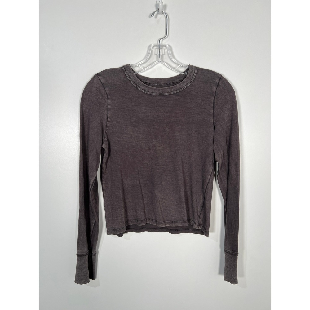Aerie Faded Charcoal Grey Long Sleeve Cotton Crewneck Distressed‎ Top Medium